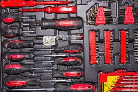 Many different screwdrivers and more tool in a tool boxの写真素材