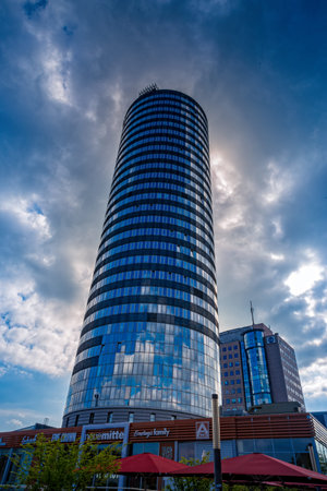 Intershop Tower Uniturm of Jena with blue sky and clouds