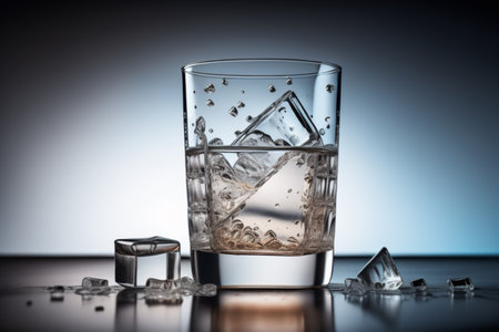 Glass of whiskey with ice cubes on dark background, close-upの素材