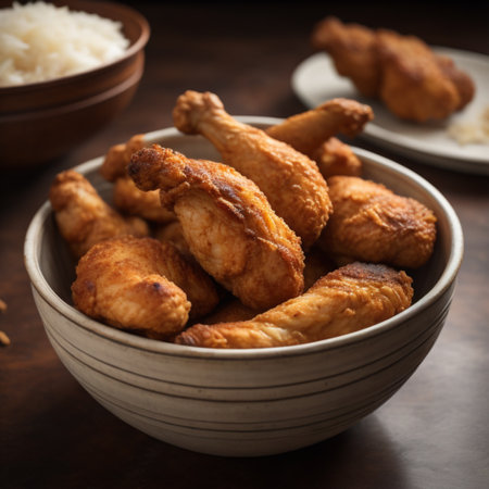 Crispy fried chicken wings in bowl with rice on wooden backgroundの素材