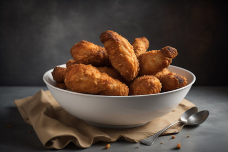 Bowl of fried chicken nuggets on dark background, selective focusの素材