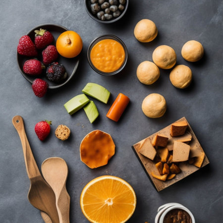 Healthy breakfast ingredients on black background. Top view, flat layの素材