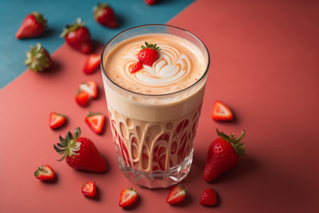 Cup of cappuccino with whipped cream and strawberries on color backgroundの素材