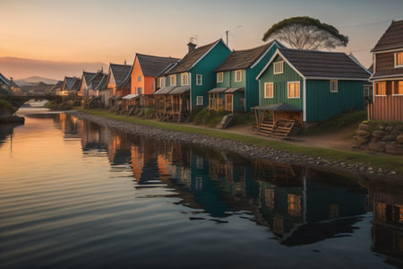 Sunset view of a row of wooden houses on the shore of a small river.の素材