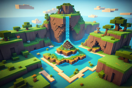 3d render of a fantasy city with green grass and blue waterの素材