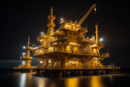 Oil and gas platform at night. Oil and gas industry and hard work concept.の素材