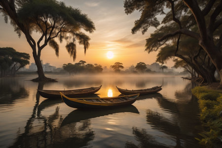 Boat on the lake with sunset in morning time,Thailandの素材