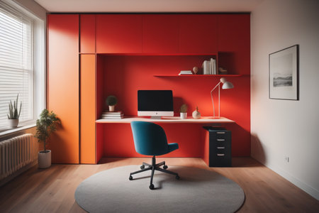 Red office interior with red walls, a wooden floor, a computer on the table and a bookcase. 3d rendering mock upの素材