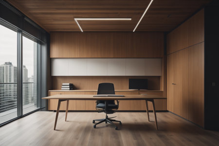 Interior of modern office with wooden walls, wooden floor, panoramic window and rows of computer tables. 3d renderingの素材