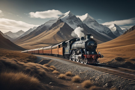 Steam locomotive in the mountains. 3d rendering. Computer digital drawing.の素材