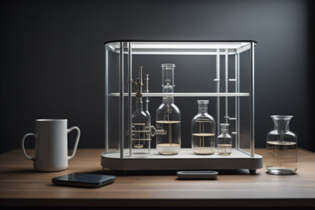 Laboratory glassware on wooden table. Science laboratory research and development concept.の素材
