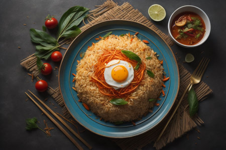 Rice with fried egg and vegetables on dark background. Asian foodの素材