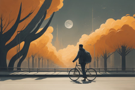 Man riding a bicycle in the city at night. Digital painting.の素材