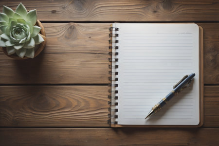 Notebook and pen on wooden table with copy space for add text.の素材