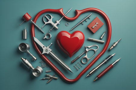 Heart made of tools and instruments on blue background. 3d illustrationの素材