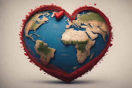Heart shaped map of the world with red arrow on gray background.の素材