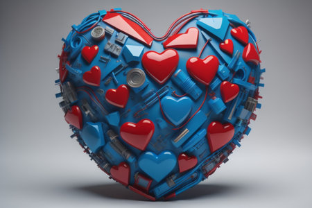 3d rendering of a heart shape made of blue and red heartsの素材