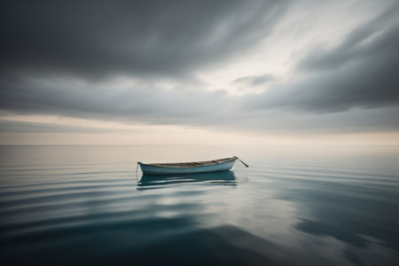 Fishing boat in the sea at sunset. Long exposure photography.の素材