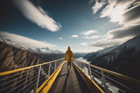 A young man in a yellow raincoat walks along the bridge on the background of the mountainsの素材