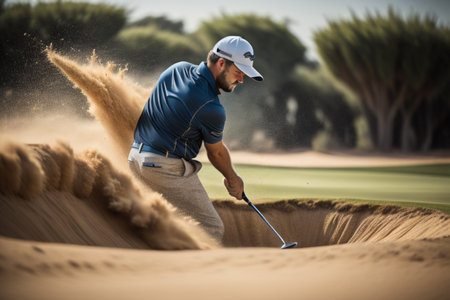 Golfer hitting a shot with driver on the sand bunker.の素材