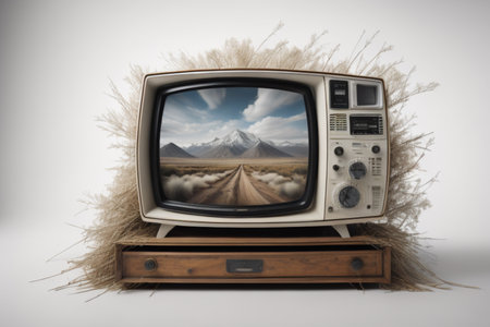 Retro television with dry grass and mountains in background, 3d illustrationの素材