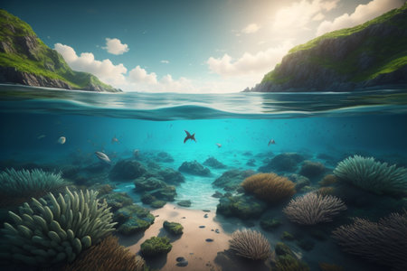 Underwater landscape with coral reef and fish. 3d render illustrationの素材