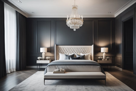 Luxury bedroom interior with black and gray walls, concrete floor, comfortable king size bed and elegant chandelier. 3d renderingの素材