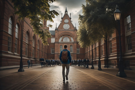 A young man walking in front of an old school building in Londonの素材
