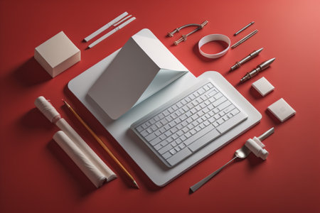 Laptop and stationery on a red background. 3d renderingの素材