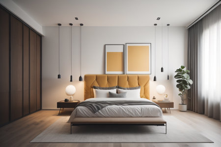 Interior of modern bedroom with white walls, wooden floor, comfortable king size bed and two vertical mock up posters. 3d renderingの素材