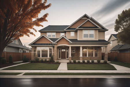 3D render of a beautiful house in the countryside with a gardenの素材
