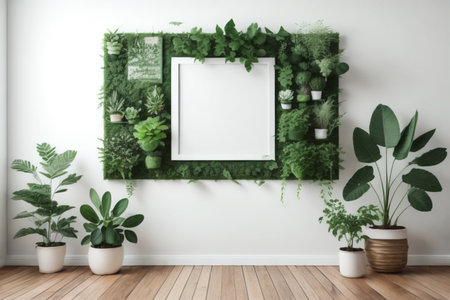 Interior of modern living room with plants and empty frame on wallの素材