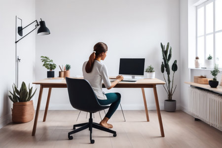 Back view of young businesswoman using laptop while sitting at desk in officeの素材