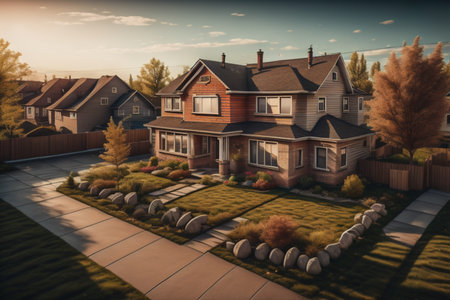 Aerial view of modern house with beautiful landscaping at sunset.の素材