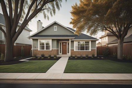 3d rendering of a single family house in a backyard with green grassの素材