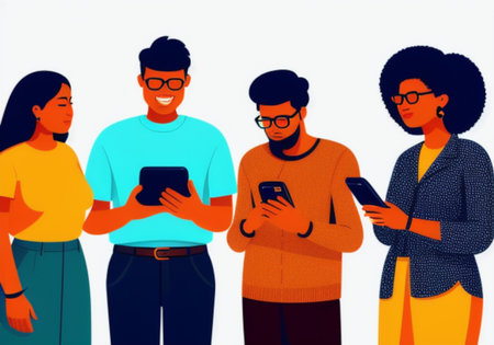 Group of young people using smartphones. Vector illustration in flat style.の素材