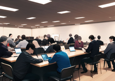 Business people sitting and listening to speaker in conference room with copy spaceの素材