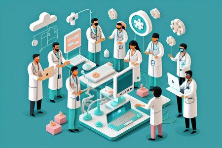 Isometric medical concept with doctors, nurses and patients on blue backgroundの素材