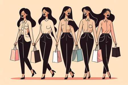 Vector illustration of happy women with shopping bags in their hands. Shopping concept.の素材
