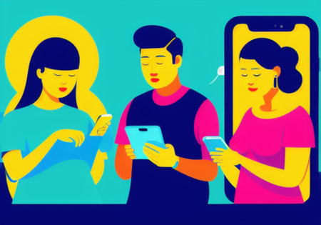 People using smartphones. Vector illustration in flat cartoon style. Man and woman with smartphones.の素材
