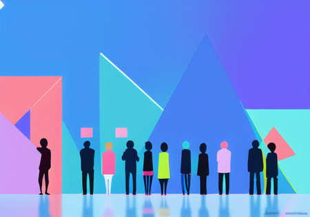 Group of business people standing in front of geometric shapes. Vector illustration.の素材