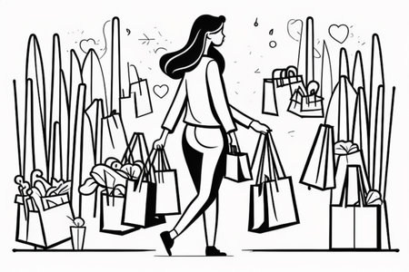 Woman with shopping bags. Black and white vector illustration for coloring book.の素材