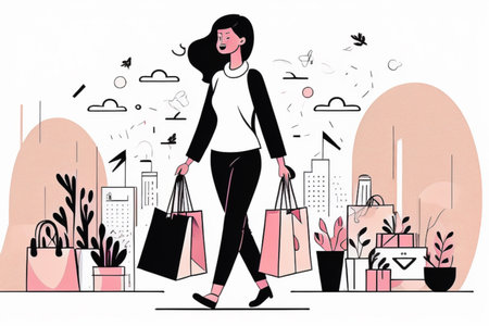Vector illustration of a girl with shopping bags in the city. Shopping concept.の素材