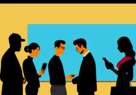 Illustration of a group of business people using their mobile phones.の素材
