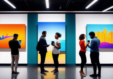 People using mobile phones in a modern exhibition hall (color toned image)の素材