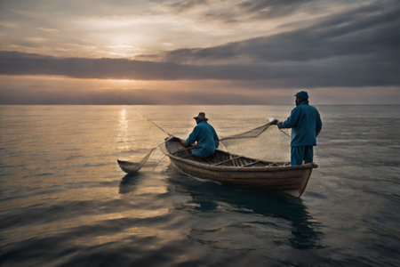 Fishermen in the boat on the sea in the evening.の素材