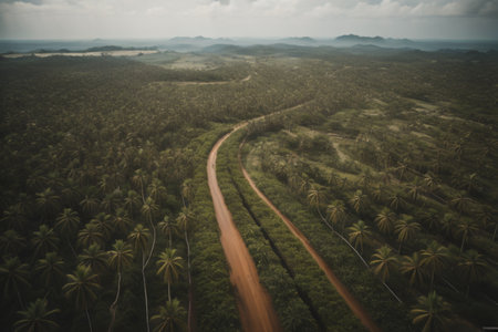 Aerial view of a road in the middle of a tropical forestの素材