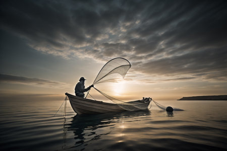Fisherman in the boat on the sea in the evening.の素材