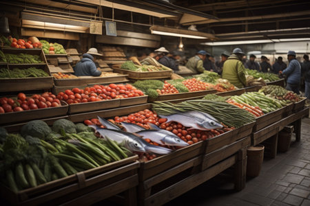 Fruits and vegetables on the counter of the market in Istanbul, Turkeyの素材
