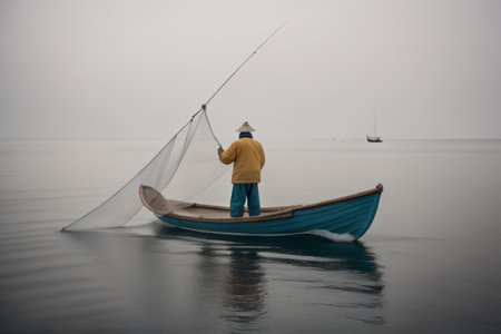 Fisherman in boat with fishing net in foggy morning.の素材